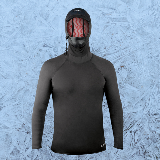 Front view of Wetsuit thermal layer XCEL Infiniti 1mm Top with 2mm Radiant Rebound Hood