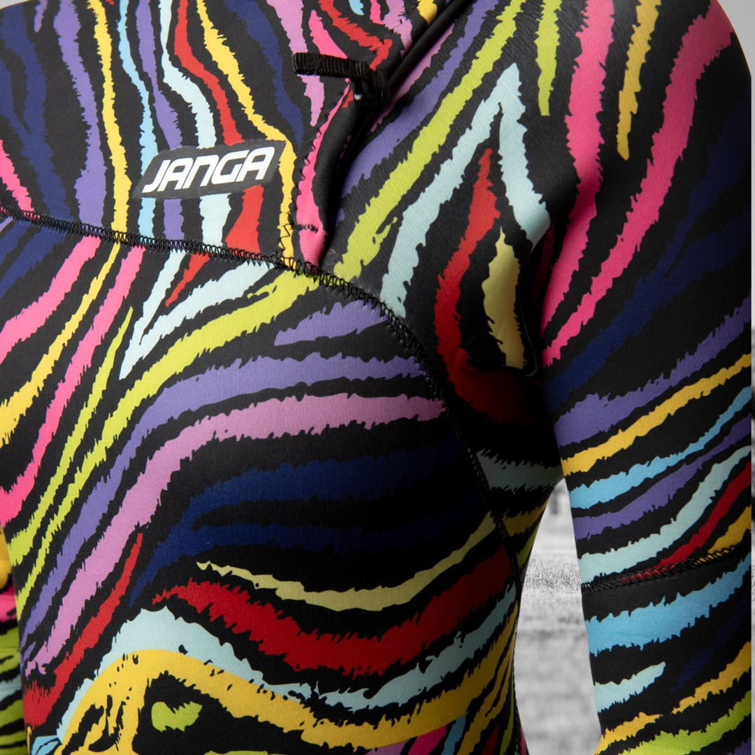 close-up of women wetsuit new collection janga jangle zebra print
