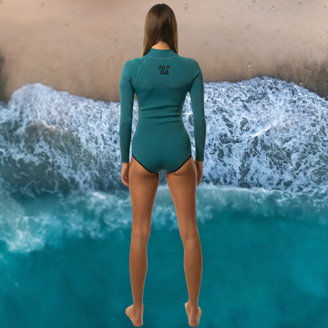 back view yamamoto wetsuit janga long x-zip teal