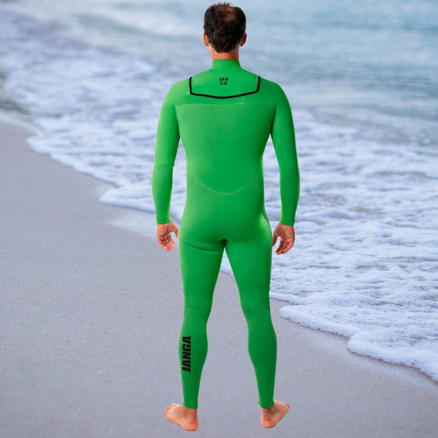 back view of janga men wetsuit 3/2mm light green  