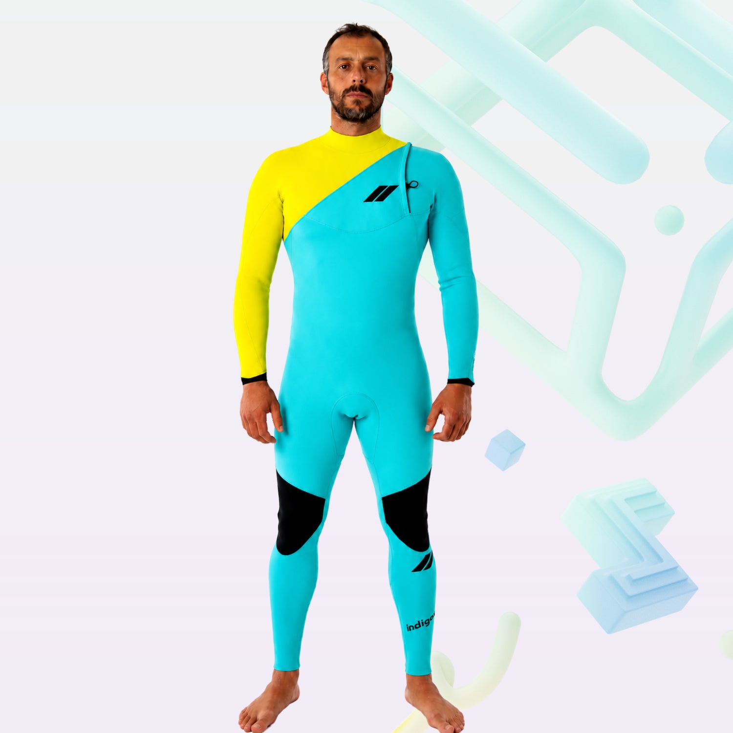 front view of men wetsuit janga indigent 3/2mm blue yellow | SurfTattoo
