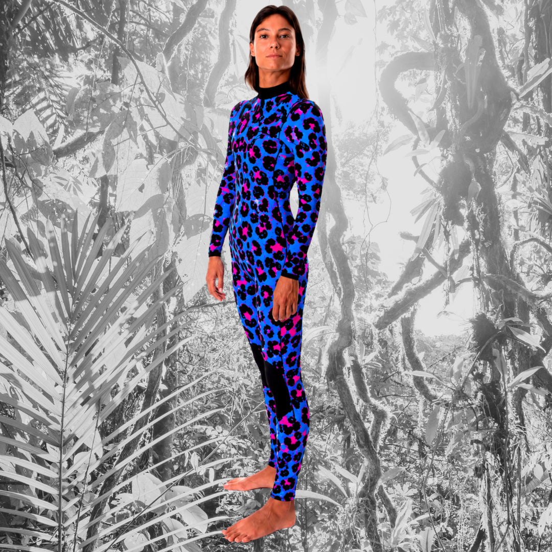 women Wetsuit Jangle 4/3mm Blue  zip free leopard