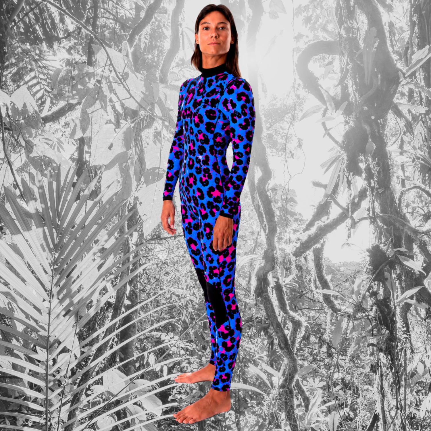 women Wetsuit Jangle 4/3mm Blue  zip free leopard