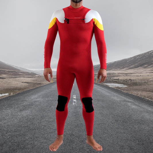 Front view of JANGA ACID men’s Yamamoto #39 Chest Zip wetsuit red