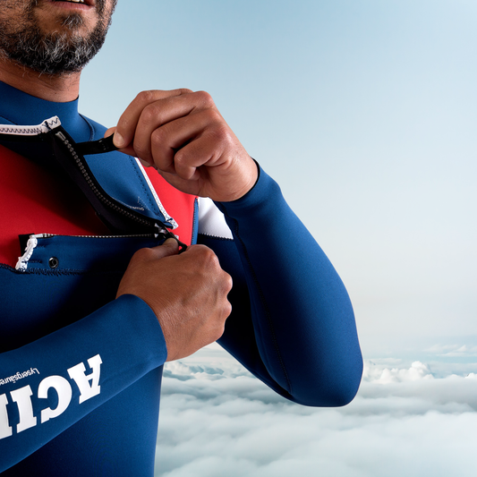 Close-up of JANGA ACID handmade neoprene wetsuit chest zip entry