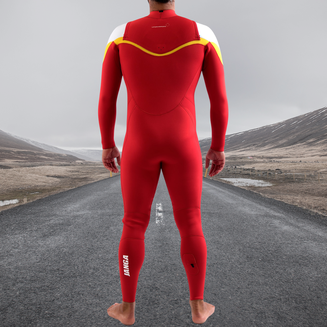 Limited edition JANGA ACID men’s wetsuit in red back view
