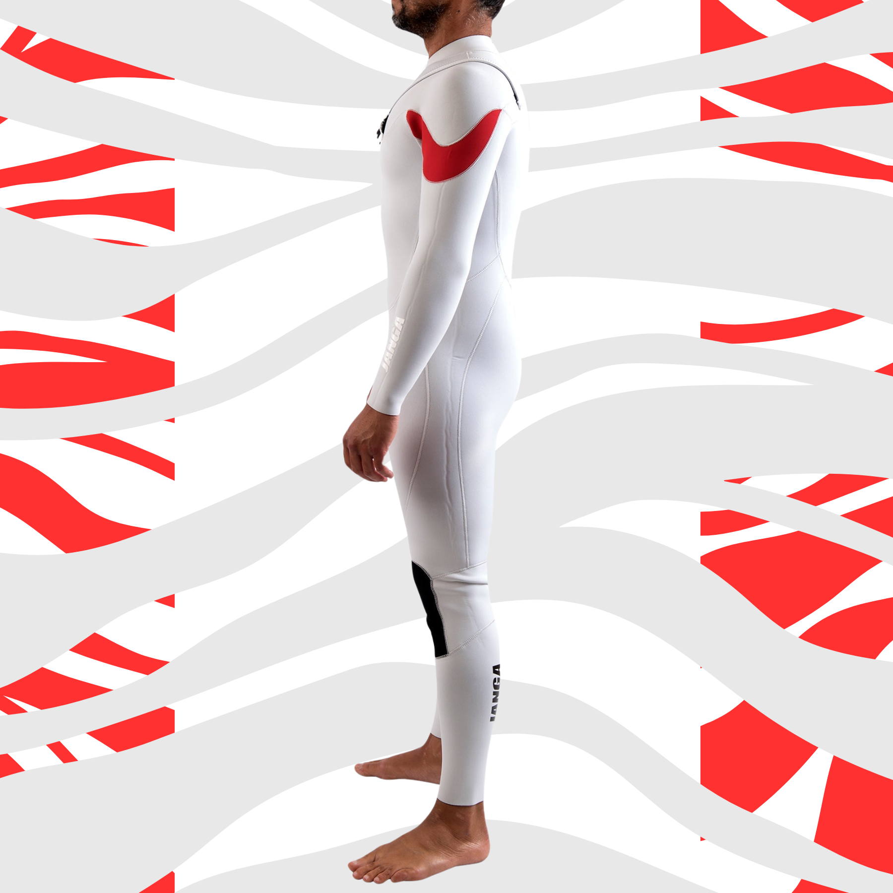 Side view of JANGA ACID handmade neoprene wetsuit chest zip entry
