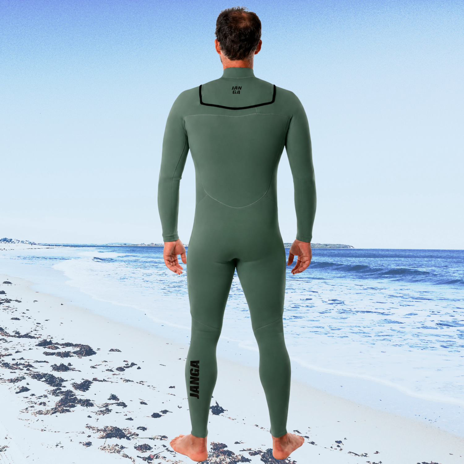 back view of men wetsuit Janga frontline 4/3mm olive