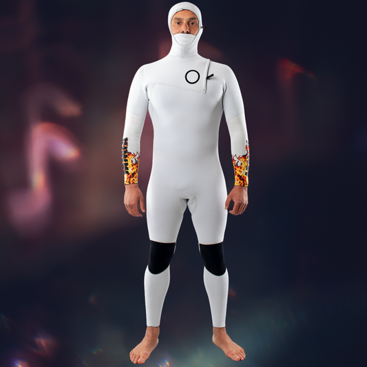 Front view – Men's JANGA The Chosen Firestarter Hooded white 4/3mm  unusual wetsuit limited edition