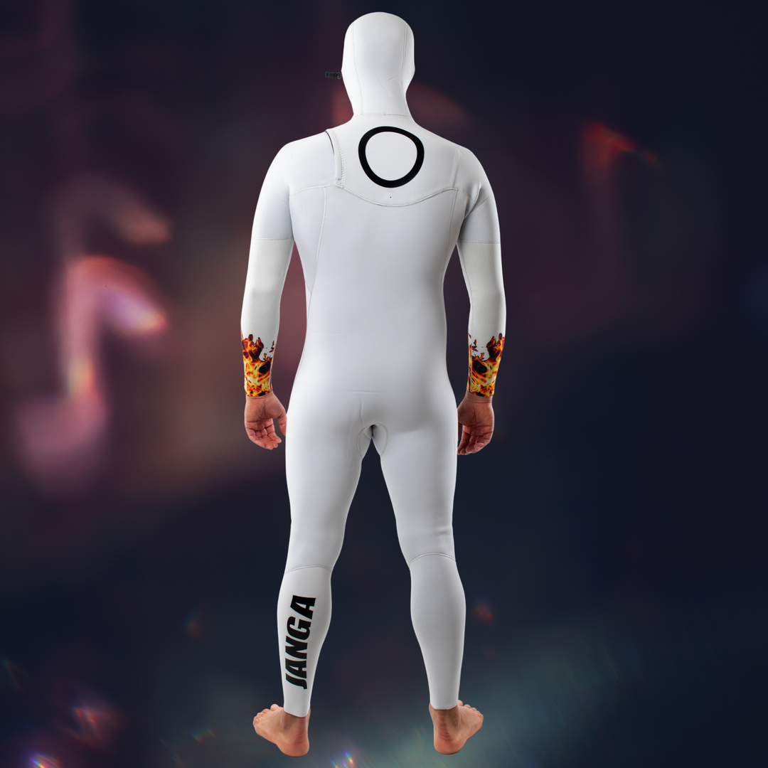 Back view – Men's JANGA Firestarter Hooded 4/3mm no-zip unique wetsuit