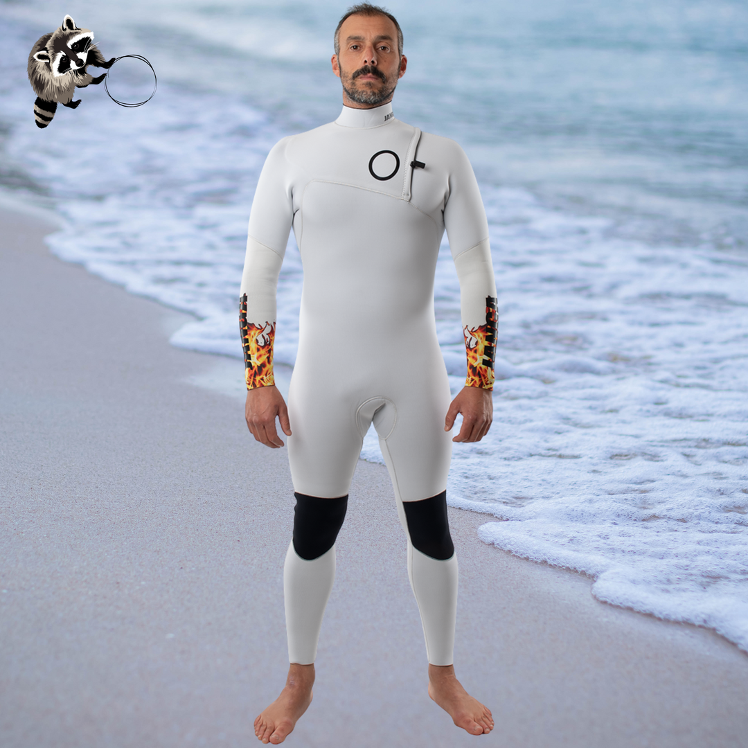 Front view men's JANGA  Firestarter white  4/3mm limited edition wetsuit