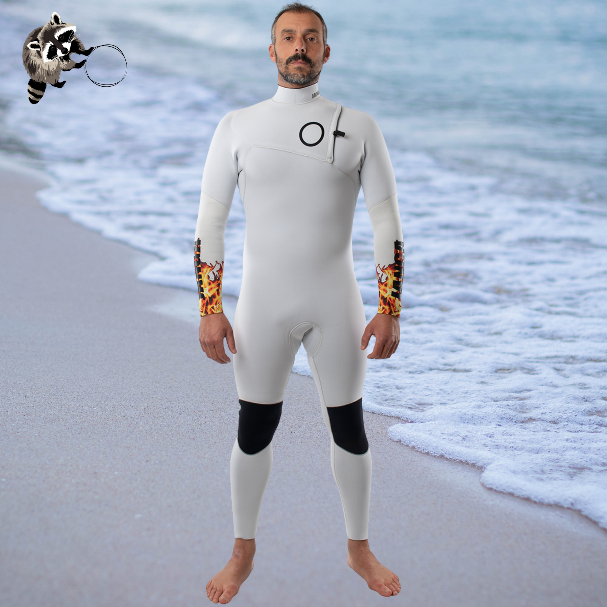Front view men's JANGA  Firestarter white  4/3mm limited edition wetsuit
