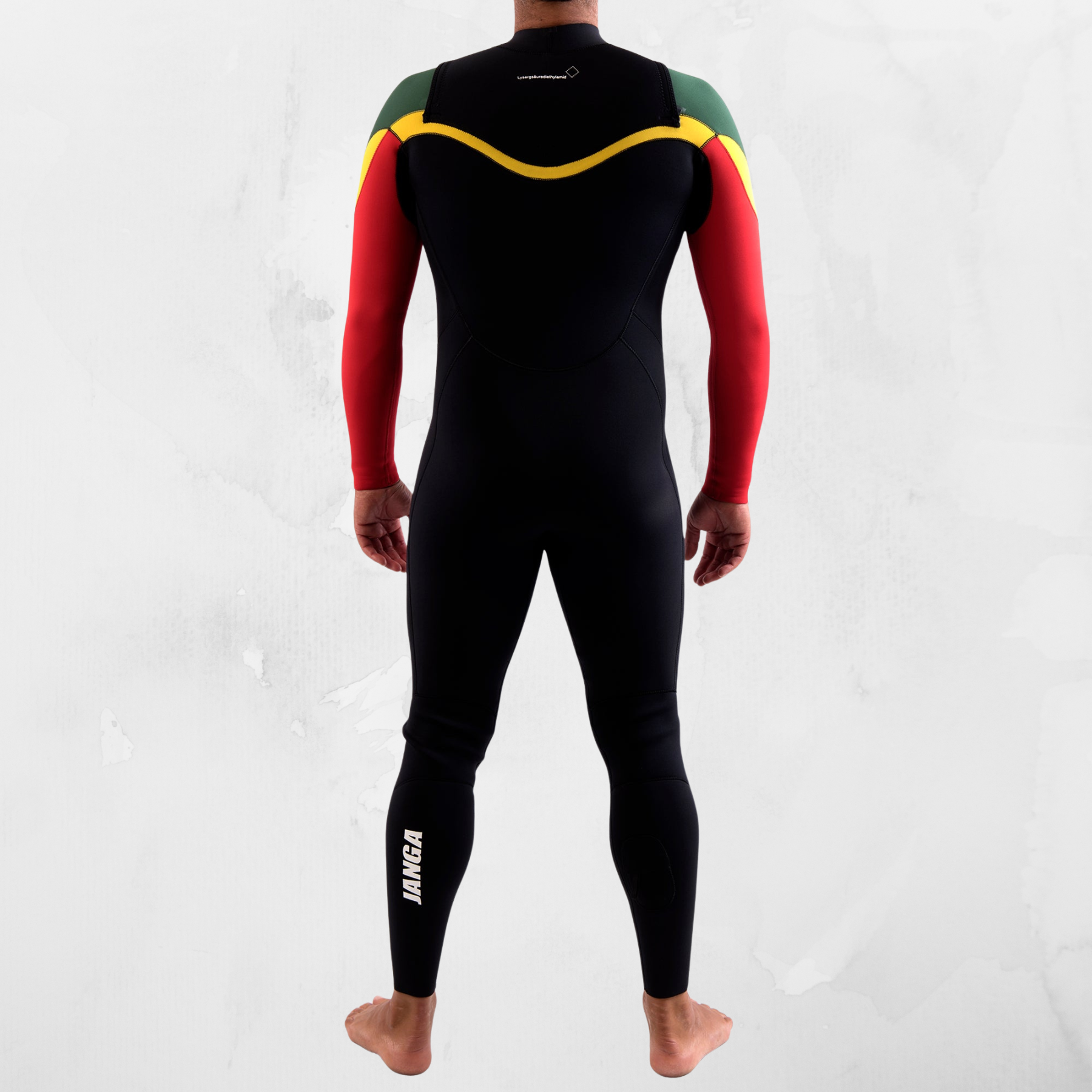 Back view JANGA ACID handmade neoprene wetsuit chest zip entry