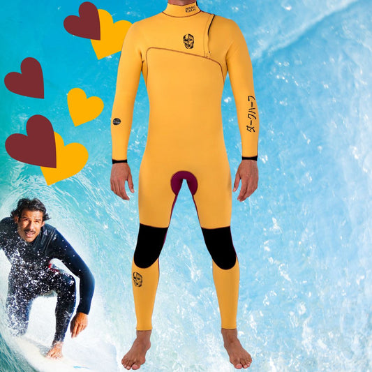 Front view – JANGA THE DARK HALF 4/3mm Yellow/Red zip-free wetsuit for 12–17°C waters