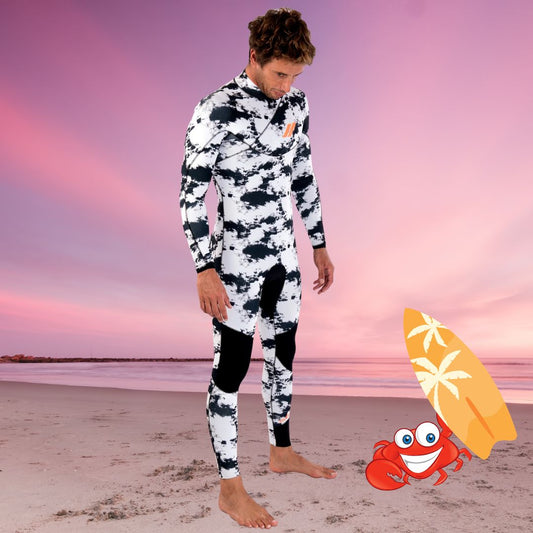 Front view of JANGA INDIGENT 2mm Tie Dye White lightweight surfing wetsuit
