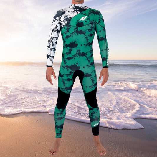 Front view of JANGA INDIGENT 3mm Tie Dye Green/White lightweight surfing wetsuit