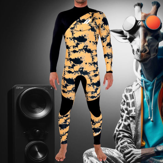 Front view of JANGA INDIGENT 4/3mm Tie Dye Yellow wetsuit – lightweight limestone neoprene
